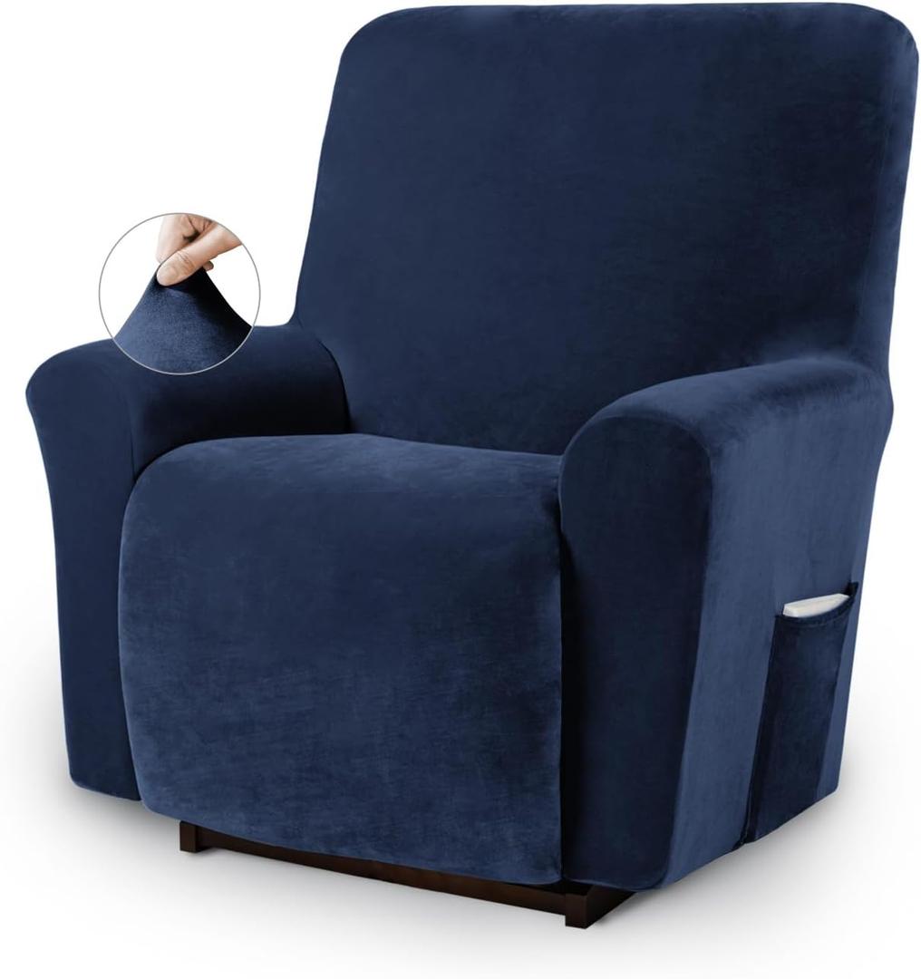 Asnomy Recliner Chair Covers Lazy Boy Recliner Covers with Pockets Stretch Velvet Couch Cover Slipcover 1-Piece Furniture Protector for Dogs Cats(Recliner,Navy Blue)