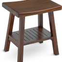 StrongTek Teak Shower Stool with Storage Shelf, 18-Inch Solid Teak Wood Bath Seat Bench, Ergonomic Curved Seat, Easy Assembly, Water-Resistant, 350 lbs Capacity, Ideal for Bathroom, Spa & Home Use (Dark Brown)