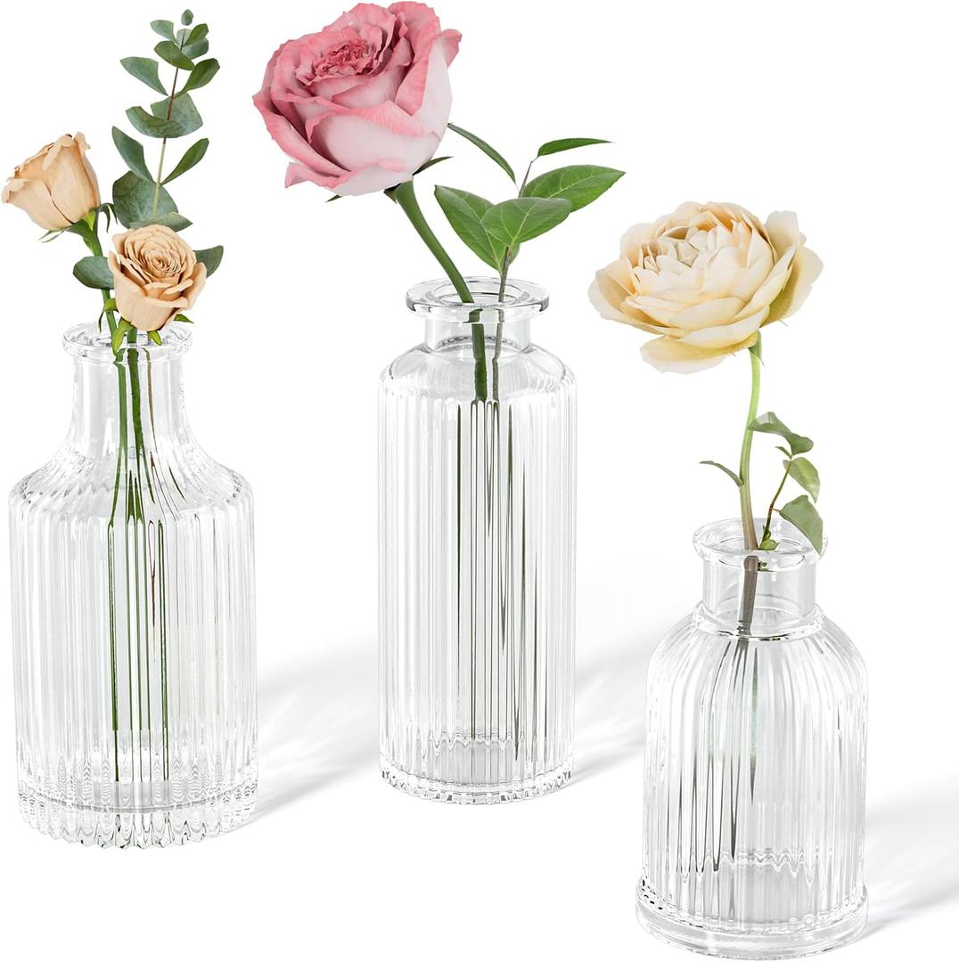 Glass Bud Vase Set of 3, Small Ribbed Flower Vases for Centerpieces, Clear Vintage Glass Bud Vases for Table Decorations, Home Decor, Wedding, Party, Anniversary