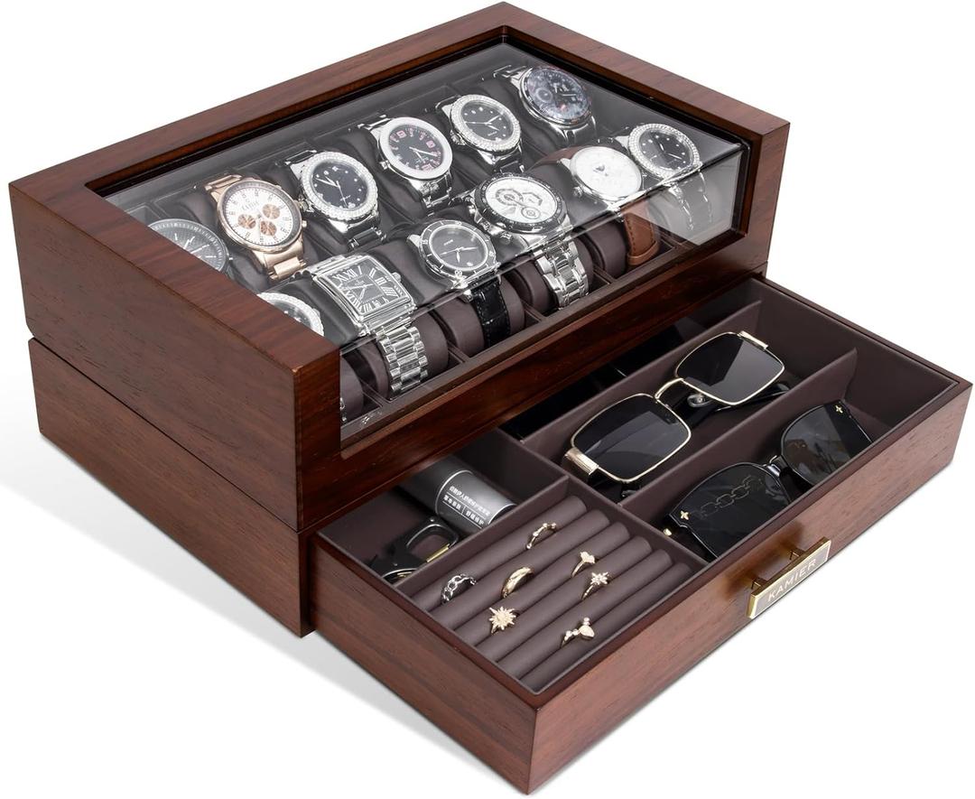 High End Watch Box for Men, 12 Slot Wooden Watch Case With Drawer, Watch Display Box with Glass Lid, 2-Layer Watch Holder for Jewelry and Watch Storage for Men Women , Ideal for Gift (With Gift Box) (Walnut)