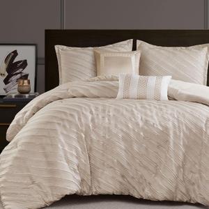 Madison Park Queen Comforter Set Raised Jacquard Texture Comforters Queen Size Bed, All Season Down Alternative Bedding Queen Size Comforter, Decor Pillows, Matching Shams, Riva, Queen Beige 5 Piece
