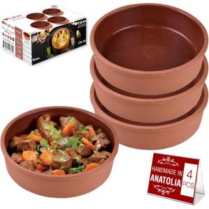 Hakan Athens Clay Bowl Set of 4, Terracotta 5.7-inch Bowls, 14.2 Oz Ancient Pottery, Glazed Inside Cooking Clay Bowls in Box, Turkish Clay Yogurt Pots, Earthenware for Mexican Dishes, 4 Pcs, 420 cc