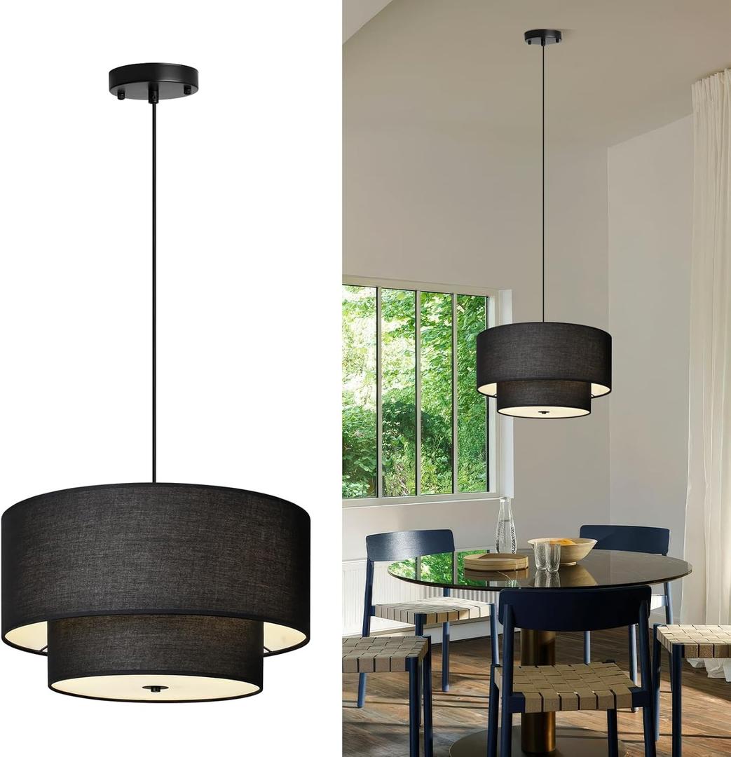 18" Drum Black Pendant Light, Large Modern Hanging Ceiling Chandelier Fixture with Dual Layer Linen Shade, Ideal for Dining Room, Living Room, Bedroom, and Kitchen