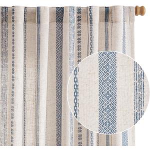 jinchan Linen Blend Boho Curtains for Living Room, 84 Inch Long Blue Printed on Beige Retro Farmhouse Bohemian Geometric Striped Drapes, Light Filtering Back Tab Curtains 2 Panels (50"W x 84"L, Pack of 2)