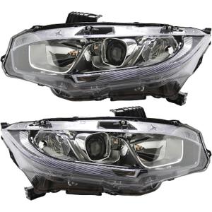 Headlight Assembly Fit for 2016-2021 Honda Civic,Halogen Headlamp w/LED DRL Chrome Housing Replacement Driver Passenger Side