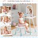 TOLEAD Blue Kids Vanity Table and Chair Set, Adjustable Height Kids Vanity with LED Lights, Princess Girls Vanity Set with Stool, Toddler Make Up Vanity Desk with Storage Space for Little Girls