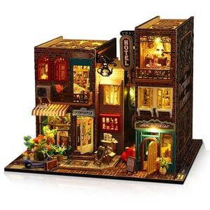 Hallisun DIY Miniature House Kit, Tiny 3D Wooden Street Scene, Mini Dollhouse Bookshelf Decor Kit with Dustproof Cover & Music Movement, Creative House Craft for Adults, Gift for Family and Friends