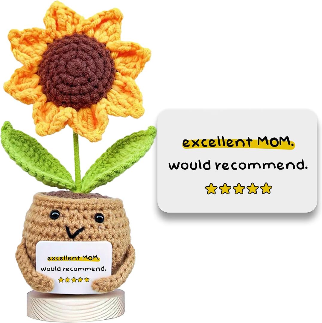 Gossby Gift for Mom from Daughter, Son, Kids - Mother's Day Basket Stuffers - Excellent MOM Would Recommend Sunflower Crochet - Christmas, Birthday Gift Idea for Mama - Knitted Crochet Doll
