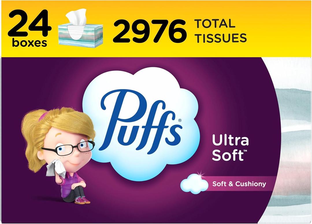 Puffs Ultra Soft Facial Tissues, 24 Family Boxes, 124 Tissues per Box