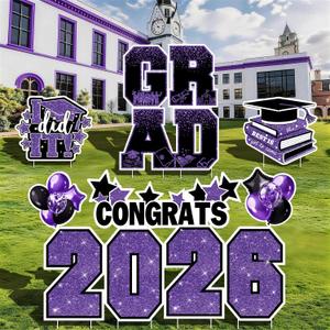 Graduation Yard Signs Class of 2026 Decorations, 11PCS Purple Black Congrats Grad 2026 Lawn Sign Large Yard Decor with Stakes for Outdoor Senior High School College Garden Prom Send Off Party Supplies, L - Star Style