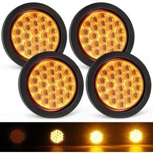 Partsam 4x 4 Inch Round Amber Strobe Lights 24 LED Trailer Truck Stop Turn Tail Light With Strobe and Solid Flash Mode Rubber Grommet 3-Prong Wire Pigtails, Amber Lens