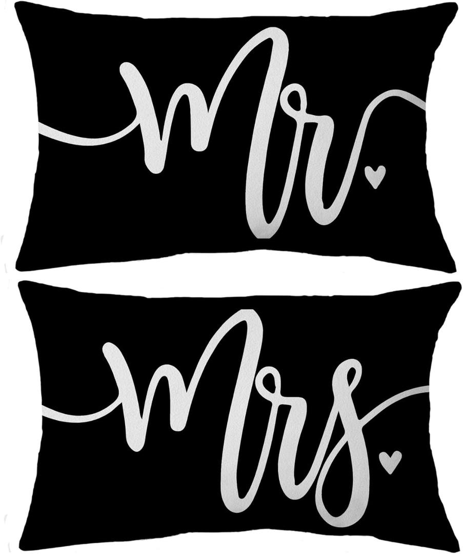 Voatok Mrs. and Mr. Throw Pillow Case Set of 2, 12 x 20 inch Home Decor Black Cushion Cover, Wedding Gift, Funny Couple Gift, Couples' Gift Ideas, Wedding for A Couple