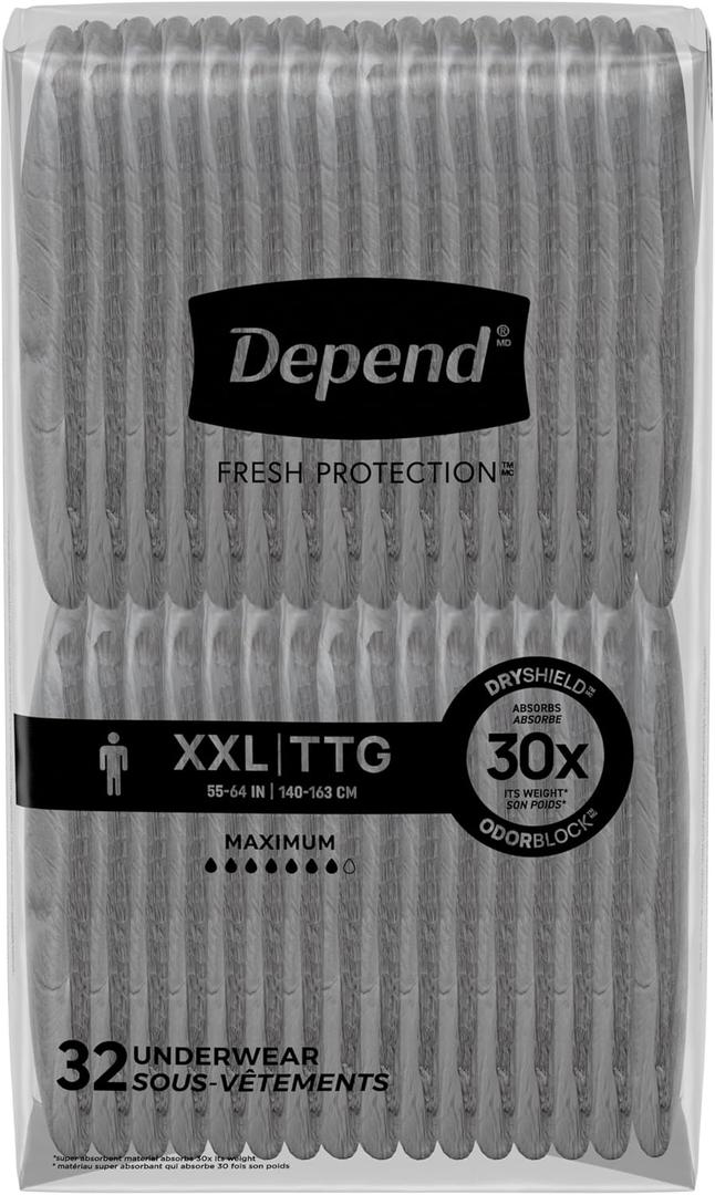 Depend Fresh Protection Adult Incontinence Underwear for Men, Disposable, Maximum, Extra-Extra-Large, Grey, 22 Count