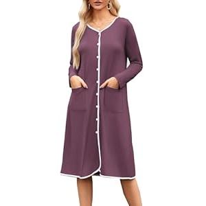 Ekouaer Nightgowns for Women Button Down Sleepshirt Long Sleeve Nightshirt V Neck Pajama Dress Nightdress with Pockets Purple Red M