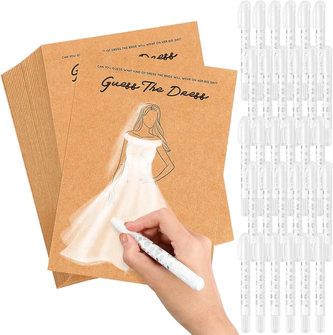 Geyoga 30 Set Guess The Dress Bridal Shower Games for Guests, Include 30 Pcs 5 x 7 Inch Wedding Shower Games Cards and 30 Pcs Watercolor Gel Crayons Fun Wedding Party Favors Decorations (Brown)