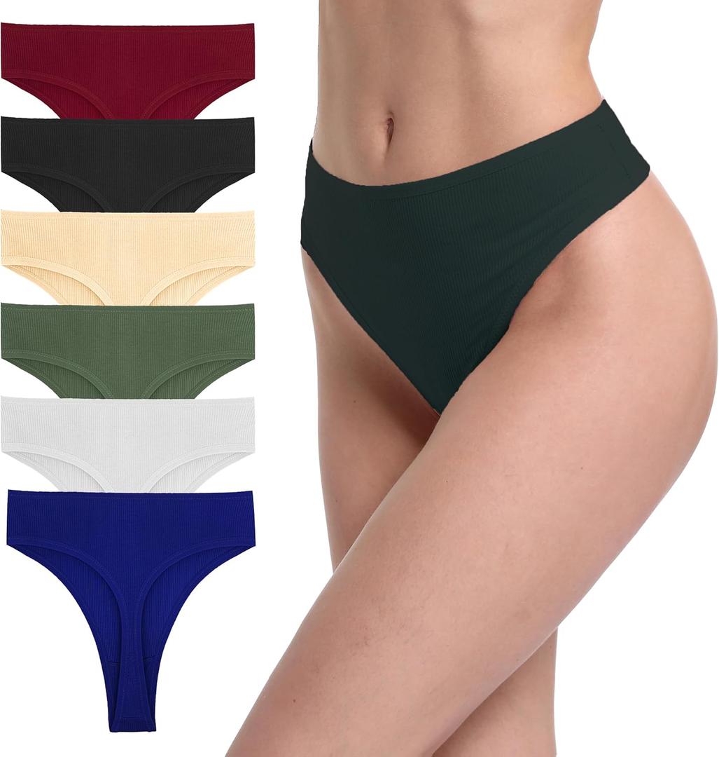 6 Pack Women's Ribbed Cotton Thongs High Waist Seamless Panties Plus Size High Rise No Show Underwear (Large)