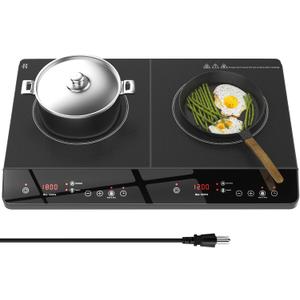 Double Induction Cooktop, Portable 1800W Induction Cooker 2 Burner Independent Touch Control, Ceramic Electric Stove with 9 Temperature and Power Level, Safety Lock, 3 Hour Timer - Black
