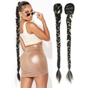 WIGER 34 Inch Braided Ponytail for Black Women Long Drawstring DIY Ponytails Black And White Yaki Straight Clip-In Hair Extension Fake Hairpieces for Daily or Costume