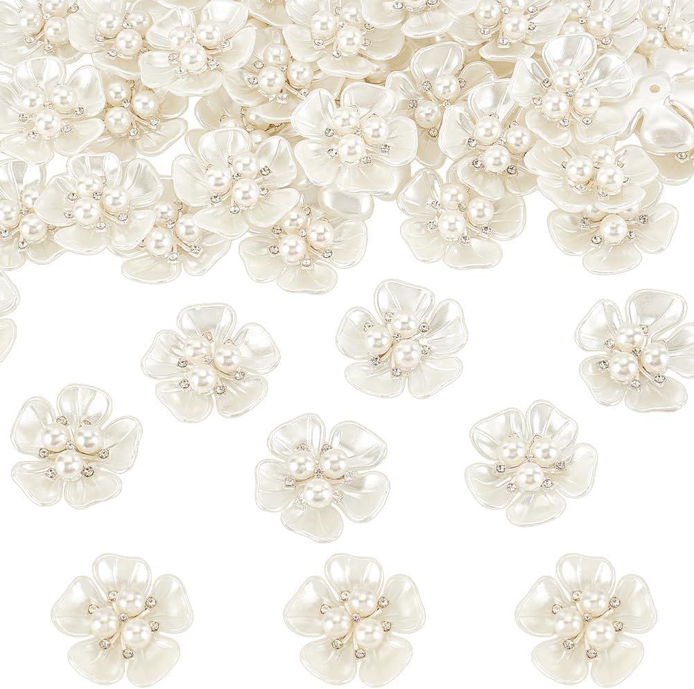 AHANDMAKER 50pcs Rhinestone Pearl Flower Embellishments, Flatback Buttons, Vintage Flower Buttons for DIY Crafts, Scrapbooking, Jewelry Making, Wedding Decor