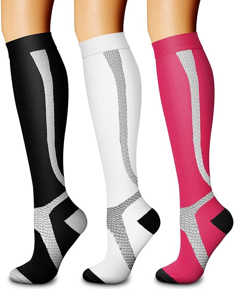 CHARMKING Compression Socks for Women & Men Circulation (3 Pairs) 15-20 mmHg is Best Support for Athletic Running Cycling (Small-Medium, 19 Strip-black/White/Pink)