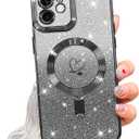 NITITOP Compatible with iPhone 12 Case Cute Clear Glitter [Compatible for MagSafe] Plating Heart Sparkle Bling Magnetic Girl Women Electroplated Frame Camera Protection Back Cover - Black