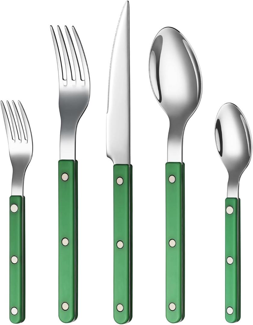 Khen Cutlery Set of 20, 18/8 Stainless Steel Flatware, Modern Silverware for Home, Kitchen, Dining & Table Setting for 4  Stainless Steel, Dishwasher Safe, Lightweight & Ergonomic Design Gift - Green