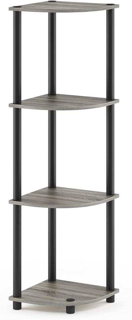 Furinno Turn-N-Tube 4-Tier Corner Display Rack Multipurpose Shelving Unit, French Oak Grey/Black (4-Tier Round Tube, French Oak Grey/Black)