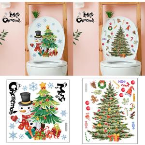 2Pcs Christmas Toilet Stickers Xmas Christmas Tree Snowflake Snowman Pattern Wall Decals Window Glass Bathroom Self-Adhesive Stickers Decoration for Home Decor Merry Christmas Supplies