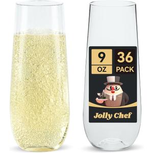 JOLLY CHEF 36 Pack Stemless Plastic Champagne Flutes 9 oz, Crystal Clear Stemless Plastic Toasting Glasses, Clear Disposable Unbreakable Drinkware Ideal for Wedding, Birthday, Party, Thanksgiving