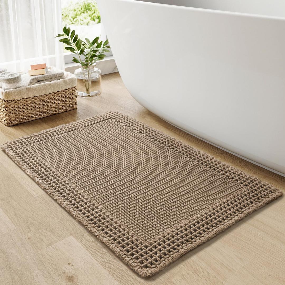 RESARE Waffle Bathroom Runner Rugs, Super Absorbent Bath Mat Non Slip Washable Quick Dry, Upgraded Ultra Soft Boho Bath Rugs with Tassels for Hallway Bedroom Laundry Room, 20"x32" Brown