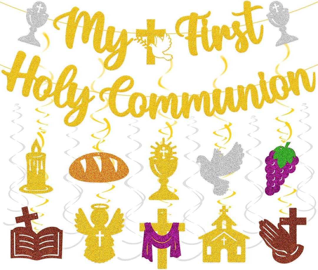 My First Holy Communion Banner Religious Celebration Hanging Swirls Decorations My Baptism Christening God Bless Theme for Kids Boy Girl First Holy Communion Party Supplies