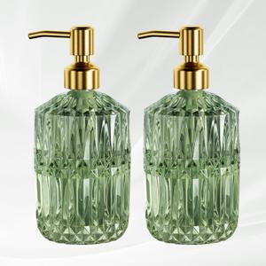 AmazerBath Soap Dispenser, 2 Pack Green Glass Soap Dispenser with Pump Stainless Steel, 14.2OZ Luxury Gold Hand Soap Bottles Bathroom Kitchen