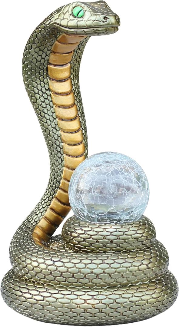 Solar Snake Statue Garden Decor, 14.2" Tall Resin Animal Figurine with Glowing Green Eyes & LED Crackle Glass Globe, Weatherproof Outdoor Yard Sculpture, Mysterious Gift for Patio Lawn