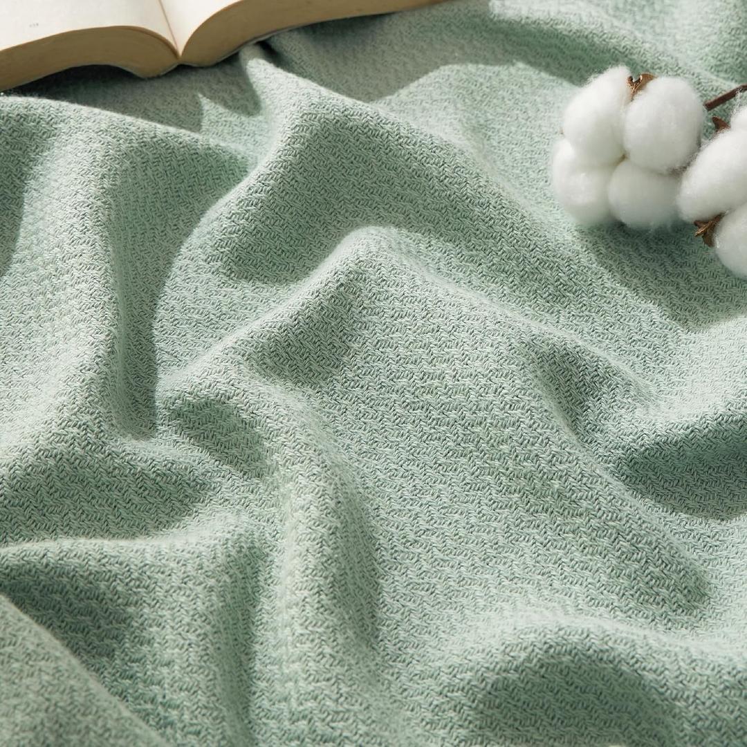 Bedsure GentleSoft 100% Cotton Blanket Twin XL Size for Bed - Breathable and Lightweight, Soft Cozy Textured Herringbone Woven Summer Blanket for College Dorm, Sage Green, 66x90 inches