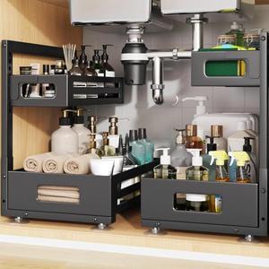 Biboraya 2 Pack Under Sink Organizer,Pull Out Cabinet Organizer With Smooth Cylindrical Rail,Metal Slide Out Drawer for Kitchen Bathroom Laundry Cabinet,8-Level Tool Free Height Adjustable-Black