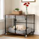 Bingopaw Dog Crate Furniture: Indoor Puppy Kennel Made by Clear Tempered Glass Breathable with Wooden Table - Decorative Pet Cage Lockable with Rolling Wheel for  Dogs