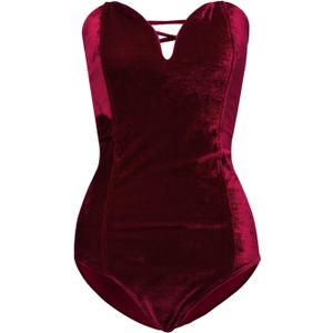 Women Strapless Velvet Bodysuit Back Lace Up Jumpsuit,Sexy Bodysuit Top Playboy Bunny Halloween Costume (Large, Burgundy)