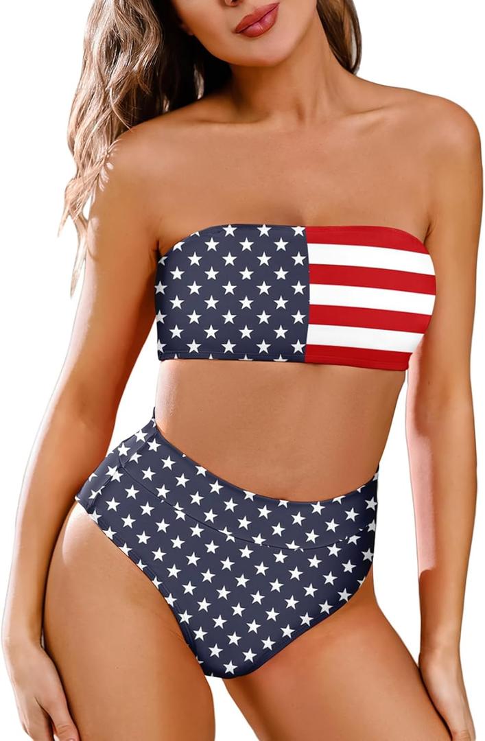 Pink Queen Women's Removable Strap Wrap Pad Cheeky High Waist Bikini Set Swimsuit (X-Large, 02 - American Flag) Pink Queen Women's Removable Strap Wrap Pad Cheeky High Waist Bikini Set Swimsuit (X-Large, 02 - American Flag)