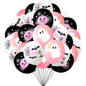 2 x Happy Halloween Balloons, Pink White and Black Latex Balloons with Cute Ghost, Pink Pumpkin, Black Bat Designs for Party Favors, Baby Shower, Halloween Birthday Party Decorations (Wsj04)