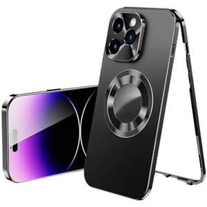 Doulings Magnetic Metal Edge Full Body Military Drop Protection for iPhone 15 Pro Max Case,Compatible with MagSafe,Rugged Built-in Privacy Screen Protector Logo View Shockproof Cover,Black