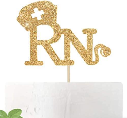RN Cake Topper, Congrats Grad Nurse Cake Decor, 2025 Nursing School Graduation Party Decorations Supplies,Gold Glitter, Set Of 3