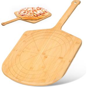 Loftern 16 Inch Wooden Pizza Board with Engraved Sizes - Multifunctional Bamboo Pizza Cutting Board, Wooden Pizza Shovel, Pizza Peel and Serving Board with Size Guide and