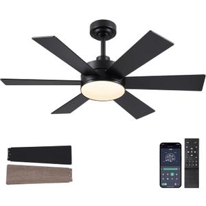 42 inch Ceiling Fans with Lights, Black Ceiling Fan with Remote APP, Dual-Sided Modern/Rustic 6 Blades, Reversible, 3CCT, Sloped Flush Mount Low Profile Ceiling Fan with Lights Bedroom Kitchen Indoor