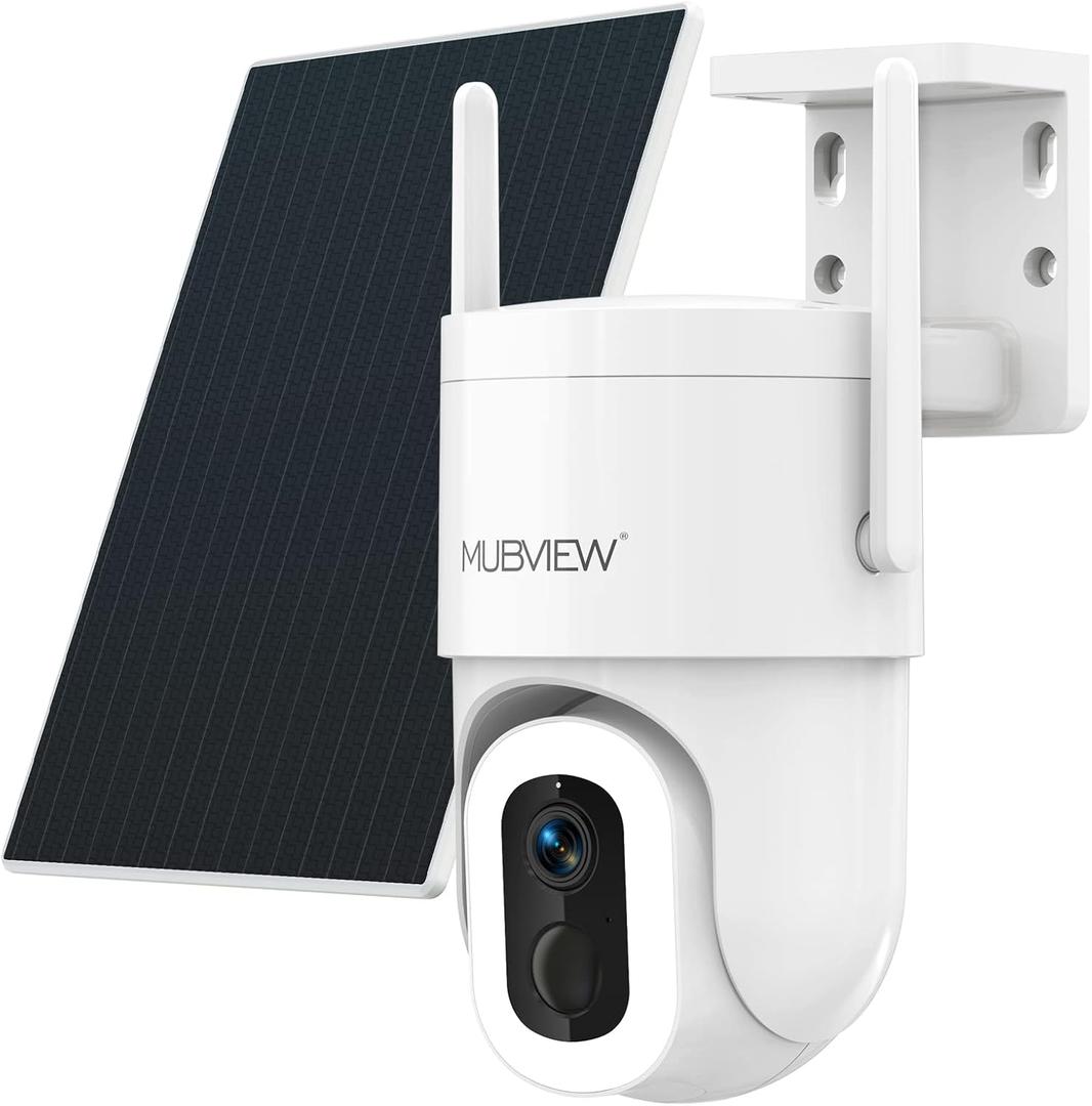 MUBVIEW Solar Security Cameras Wireless Outdoor, 2K Battery Powered Security Camera, Floodlight Camera with 800 Lumens Light & Siren, 360 PTZ, Color Night Vision, PIR Detection, 2.4GHz, IP66