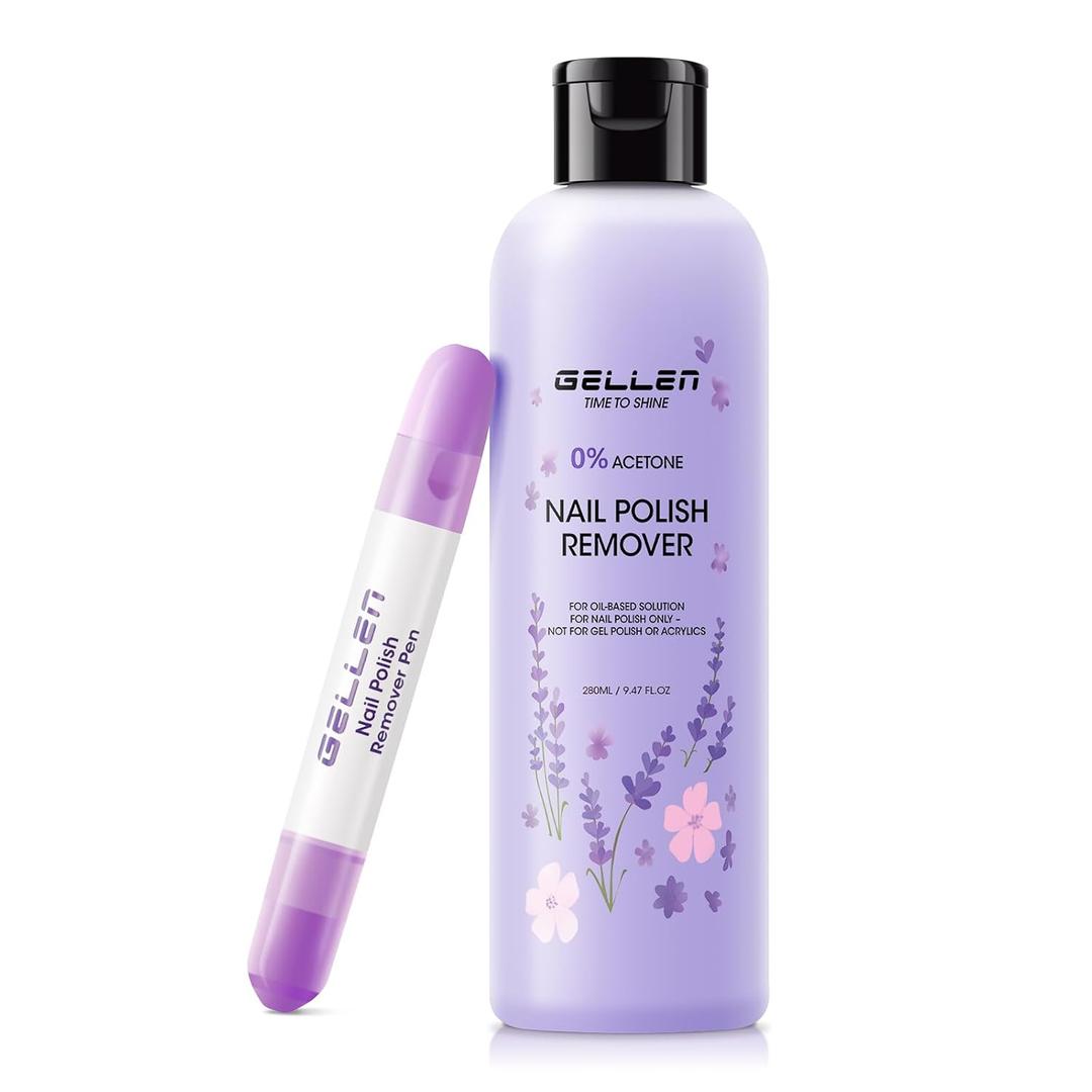 Gellen Nail Polish Remover Set Lavender Scent Formula with Aloe & Vitamin E, Includes Precision Corrector Pen & 3 Replacement Tips, Acetone-Free & Non-Drying for Regular Nail Polishes