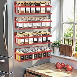 Magnetic Spice Rack for Refrigerator, 4 Pack Magnetic Shelf with 1 Hook Magnet Spice Storage Rack Seasoning Organizer with Screw for Oven Fridge (Black-5pack) (Red, 4Rack)