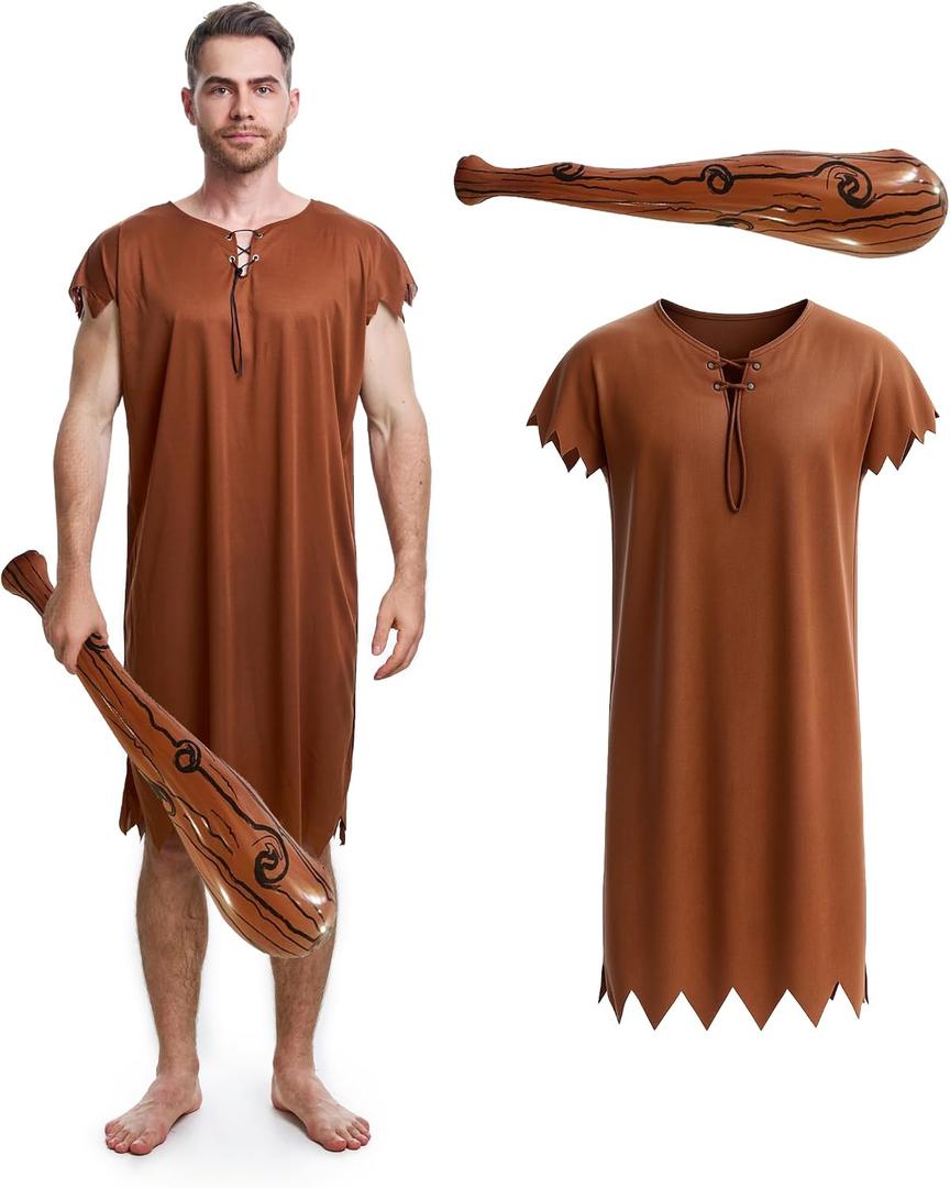 Halloween Men's Costume Adult Caveman Outfit, Orange & Brown for Cosplay & Family Parties (XL)