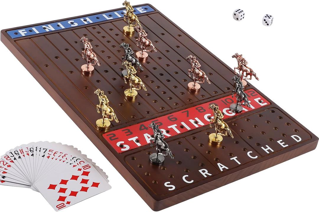 Horse Race Board Game Finish Line Racing Game with 11 Luxurious Metal Horses with 4 Dice and 2 Boxes of Cards Solid Wood Horse Racing Game Board Color Box Packaging (Small, Walnut Color)