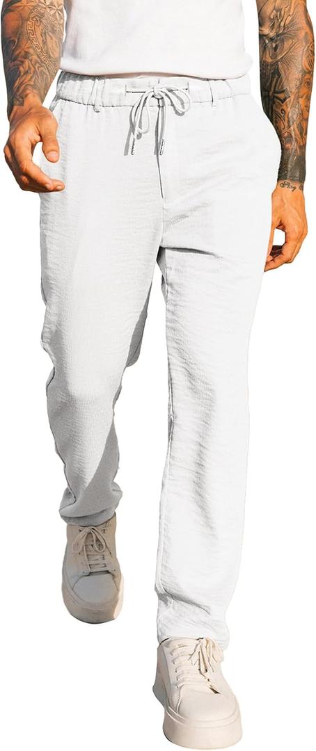 JMIERR Men's Casual Drawstring Pants Elastic Waist Lightweight Pant Summer Beach Trouser with Pockets (White, XXXL)