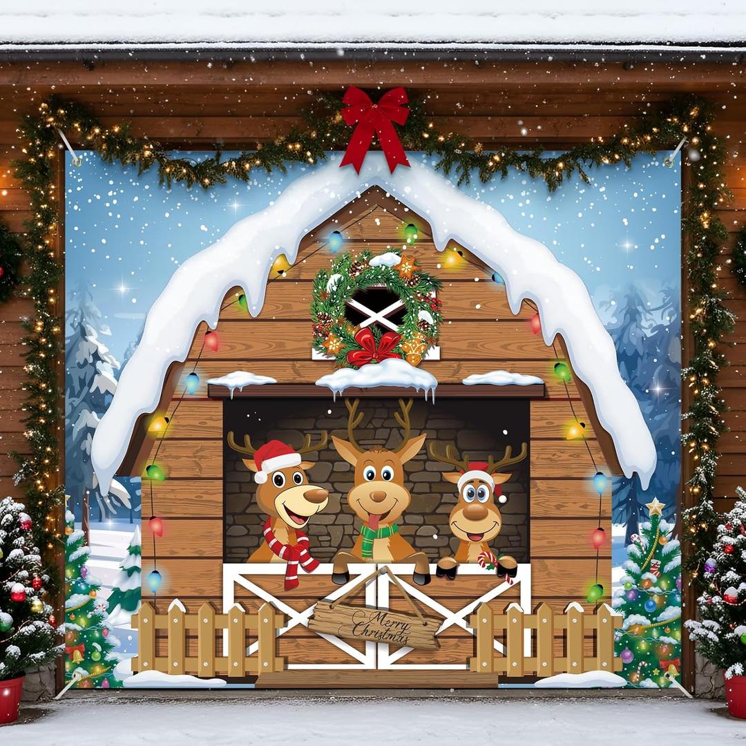 Christmas Garage Door Banner Decoration Magnetic Double Garage Door Covers Large Xmas Backdrop Decorations for Holiday Indoor Outdoor Party Decor(7 x 8 ft,Reindeer)